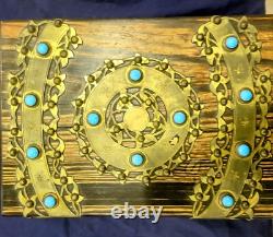 Antique Victorian Coromandel Wood Jewelry Box w Turquoise Blue Glass Jewels