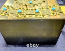 Antique Victorian Coromandel Wood Jewelry Box w Turquoise Blue Glass Jewels