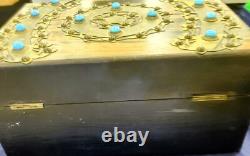 Antique Victorian Coromandel Wood Jewelry Box w Turquoise Blue Glass Jewels