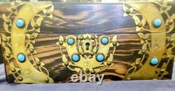 Antique Victorian Coromandel Wood Jewelry Box w Turquoise Blue Glass Jewels
