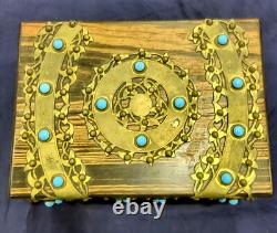 Antique Victorian Coromandel Wood Jewelry Box w Turquoise Blue Glass Jewels