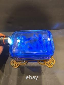 Antique Victorian cobalt glass box with bronze trim & turquoise accents (4)