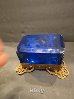 Antique Victorian cobalt glass box with bronze trim & turquoise accents (4)