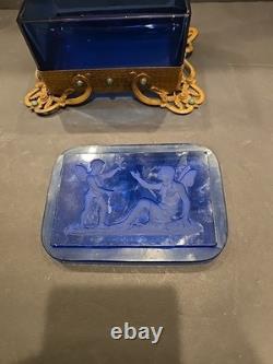 Antique Victorian cobalt glass box with bronze trim & turquoise accents (4)