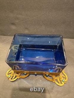 Antique Victorian cobalt glass box with bronze trim & turquoise accents (4)