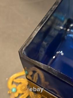 Antique Victorian cobalt glass box with bronze trim & turquoise accents (4)