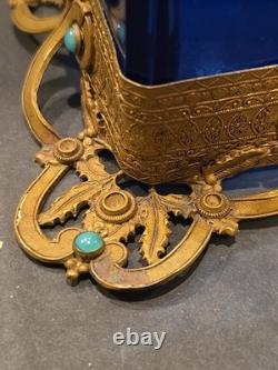 Antique Victorian cobalt glass box with bronze trim & turquoise accents (4)