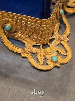 Antique Victorian cobalt glass box with bronze trim & turquoise accents (4)