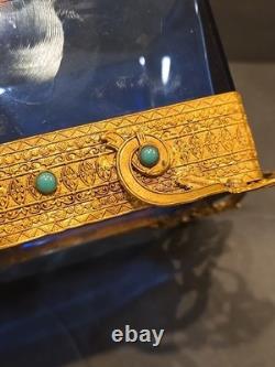 Antique Victorian cobalt glass box with bronze trim & turquoise accents (4)