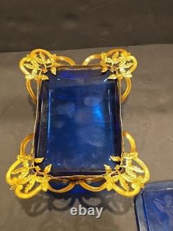Antique Victorian cobalt glass box with bronze trim & turquoise accents (4)