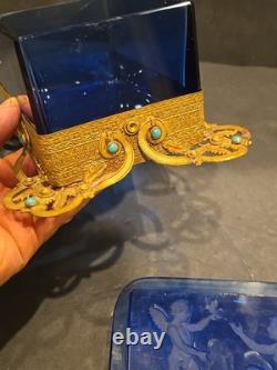 Antique Victorian cobalt glass box with bronze trim & turquoise accents (4)