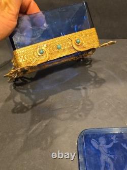 Antique Victorian cobalt glass box with bronze trim & turquoise accents (4)