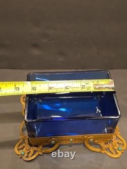 Antique Victorian cobalt glass box with bronze trim & turquoise accents (4)