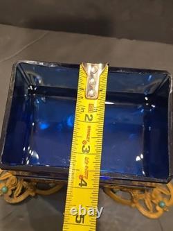 Antique Victorian cobalt glass box with bronze trim & turquoise accents (4)