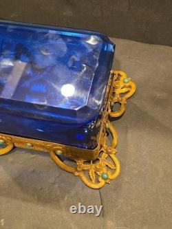 Antique Victorian cobalt glass box with bronze trim & turquoise accents (4)