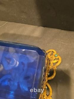 Antique Victorian cobalt glass box with bronze trim & turquoise accents (4)
