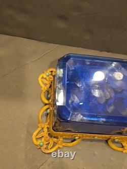Antique Victorian cobalt glass box with bronze trim & turquoise accents (4)
