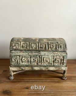 Antique Vintage Ancient Ceramic Clay Greek Key Decorated Casket Box Metal Stand