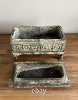 Antique Vintage Ancient Ceramic Clay Greek Key Decorated Casket Box Metal Stand