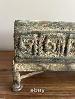 Antique Vintage Ancient Ceramic Clay Greek Key Decorated Casket Box Metal Stand