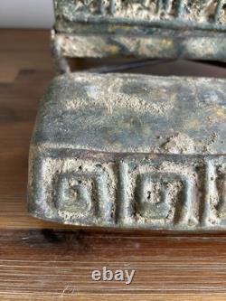 Antique Vintage Ancient Ceramic Clay Greek Key Decorated Casket Box Metal Stand