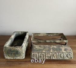 Antique Vintage Ancient Ceramic Clay Greek Key Decorated Casket Box Metal Stand