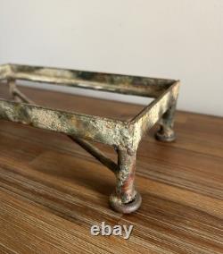 Antique Vintage Ancient Ceramic Clay Greek Key Decorated Casket Box Metal Stand