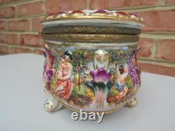 Antique Vintage Capodimonte Italy Lg Footed Hinged Box Jewelry Casket 8 1/4