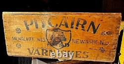 Antique Vintage pitcairn Varnish Wood Crate Box With Lid Advertising Sign Paint