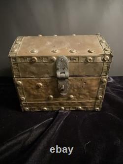 Antique Wood & Brass Hand Crafted Hinged Half Round Top Storage Box Vintage