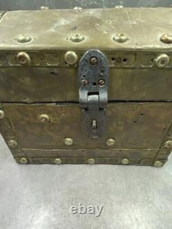 Antique Wood & Brass Hand Crafted Hinged Half Round Top Storage Box Vintage