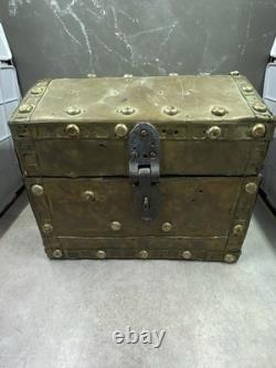 Antique Wood & Brass Hand Crafted Hinged Half Round Top Storage Box Vintage