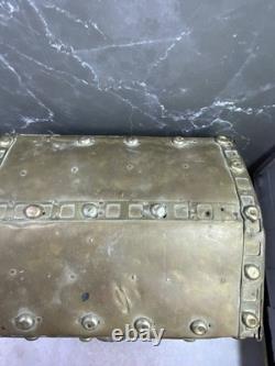 Antique Wood & Brass Hand Crafted Hinged Half Round Top Storage Box Vintage