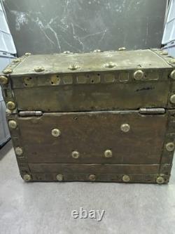 Antique Wood & Brass Hand Crafted Hinged Half Round Top Storage Box Vintage