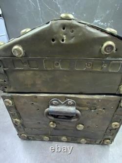 Antique Wood & Brass Hand Crafted Hinged Half Round Top Storage Box Vintage