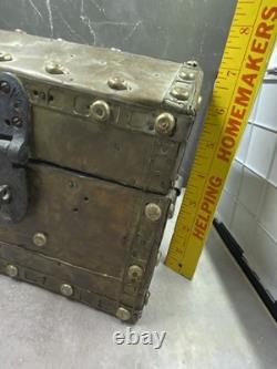 Antique Wood & Brass Hand Crafted Hinged Half Round Top Storage Box Vintage