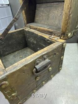 Antique Wood & Brass Hand Crafted Hinged Half Round Top Storage Box Vintage