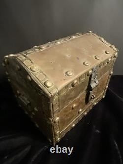Antique Wood & Brass Hand Crafted Hinged Half Round Top Storage Box Vintage