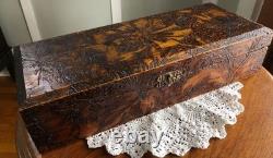 Antique Wood Burned Metal Hinged Wooden Pyrography Box