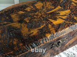 Antique Wood Burned Metal Hinged Wooden Pyrography Box