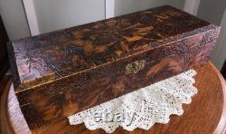 Antique Wood Burned Metal Hinged Wooden Pyrography Box