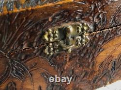 Antique Wood Burned Metal Hinged Wooden Pyrography Box