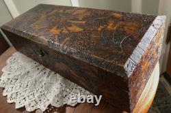 Antique Wood Burned Metal Hinged Wooden Pyrography Box