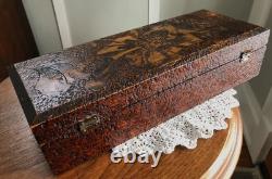 Antique Wood Burned Metal Hinged Wooden Pyrography Box