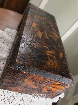 Antique Wood Burned Metal Hinged Wooden Pyrography Box