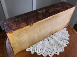 Antique Wood Burned Metal Hinged Wooden Pyrography Box