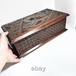 Antique Wooden Box Large Chip Carved Wood Trinket Jewellery Treasure Holder (t3)