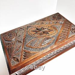 Antique Wooden Box Large Chip Carved Wood Trinket Jewellery Treasure Holder (t3)