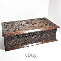 Antique Wooden Box Large Chip Carved Wood Trinket Jewellery Treasure Holder (t3)