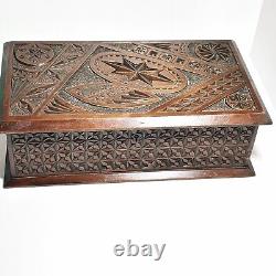 Antique Wooden Box Large Chip Carved Wood Trinket Jewellery Treasure Holder (t3)